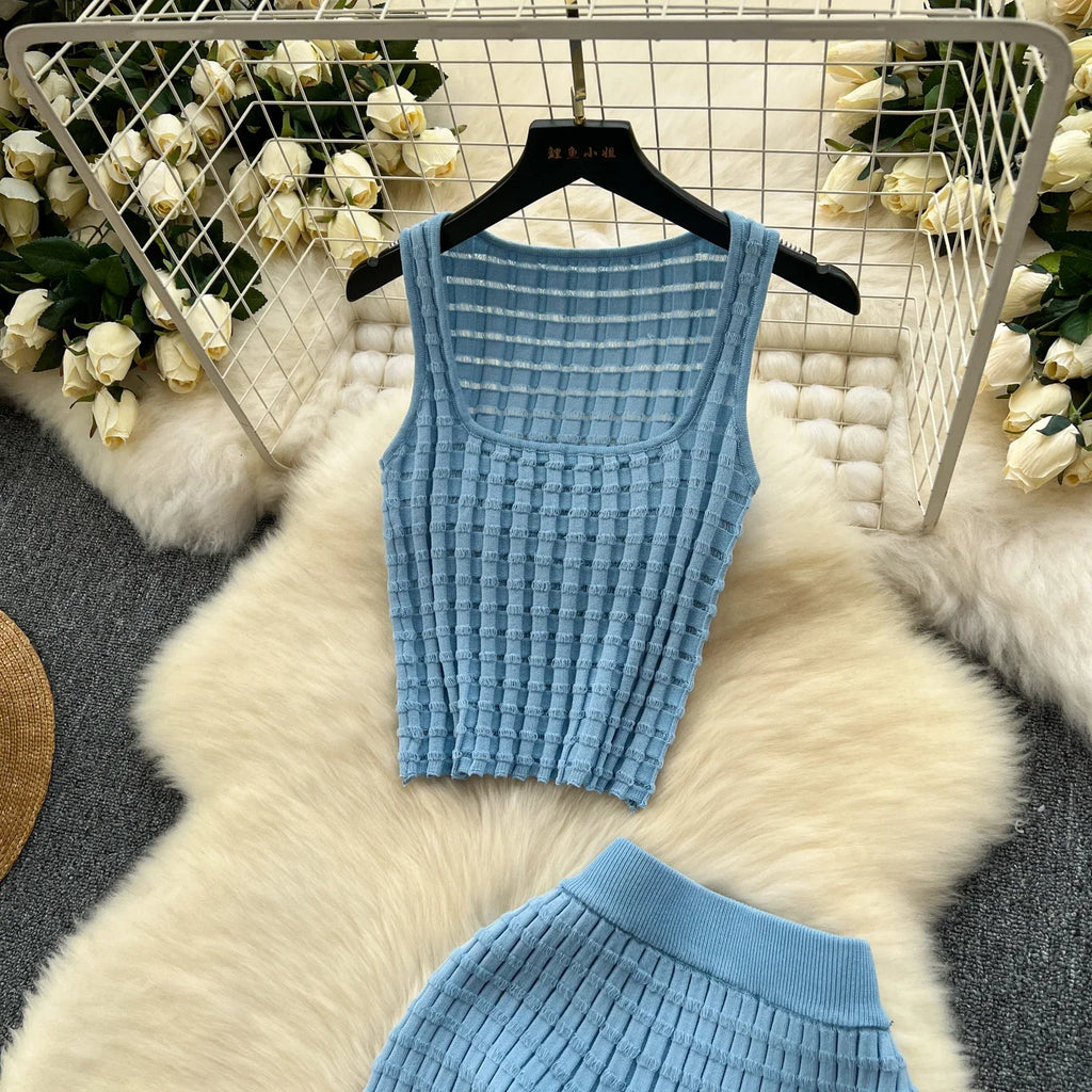 Conjunto de falda de moda de verano para mujer, camisetas sin mangas Sexy, cintura alta, Saya larga delgada, trajes de dos piezas, ropa de punto sólida