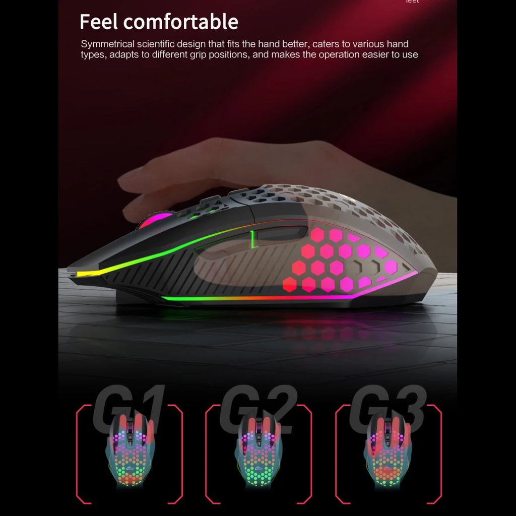 Ratón inalámbrico para juegos: diseño ergonómico con iluminación RGB, carga USB tipo C, carcasa de panal, diestro, precisión óptica