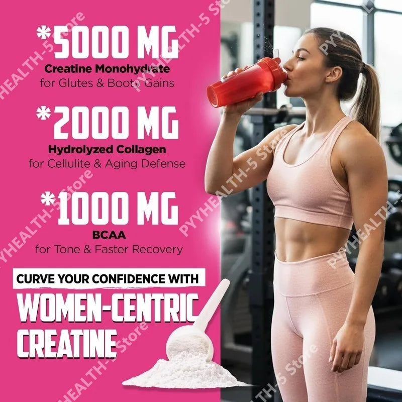 Creatina para Mujeres, Suplemento Post-Entrenamiento - 5000mg de Creatina, 2000mg de Colágeno Bovino Hidrolizado para el Crecimiento Muscular Magro