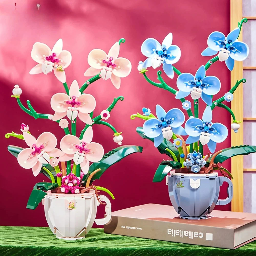 Taza de café de orquídeas y flores, bloques de construcción en maceta, ramo 3D, ladrillos MOC, juguetes de construcción, decoración de plantas de escritorio para el hogar DIY