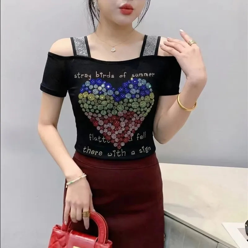 Ropa de calle europea, camiseta de marca para mujer, camisetas ajustadas de manga corta elegantes con diamantes brillantes para mujer