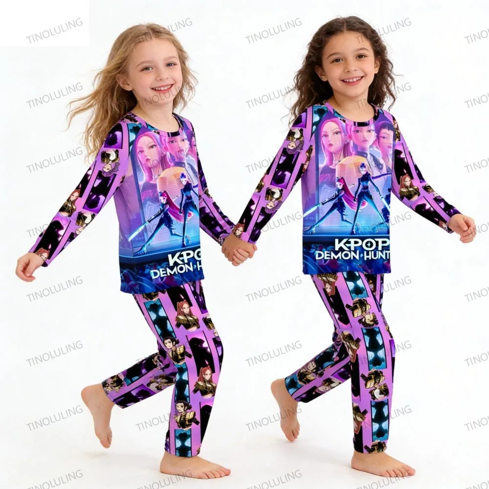 Conjunto de pijamas para niños KPop Demon Hunters Huntrix, ropa de manga larga para niñas, 2 uds., ropa de dormir para niños, ropa de dormir de dibujos animados para niños de 3 a 14 años