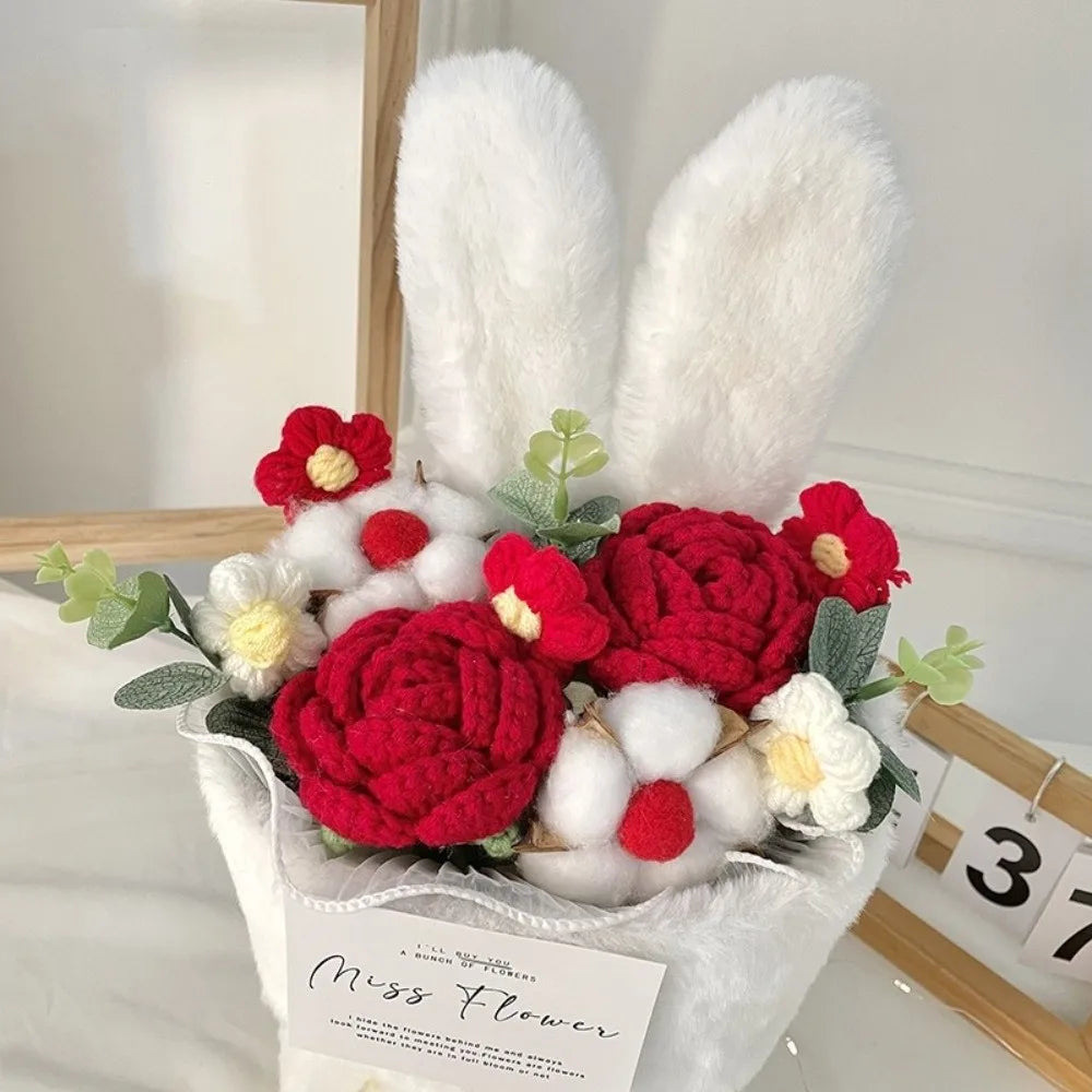 Ramo de flores de ganchillo con orejas de conejo, ramo de flores completo hecho a mano con bolsa de regalo, ramo de rosas de punto creativo para el día de la madre
