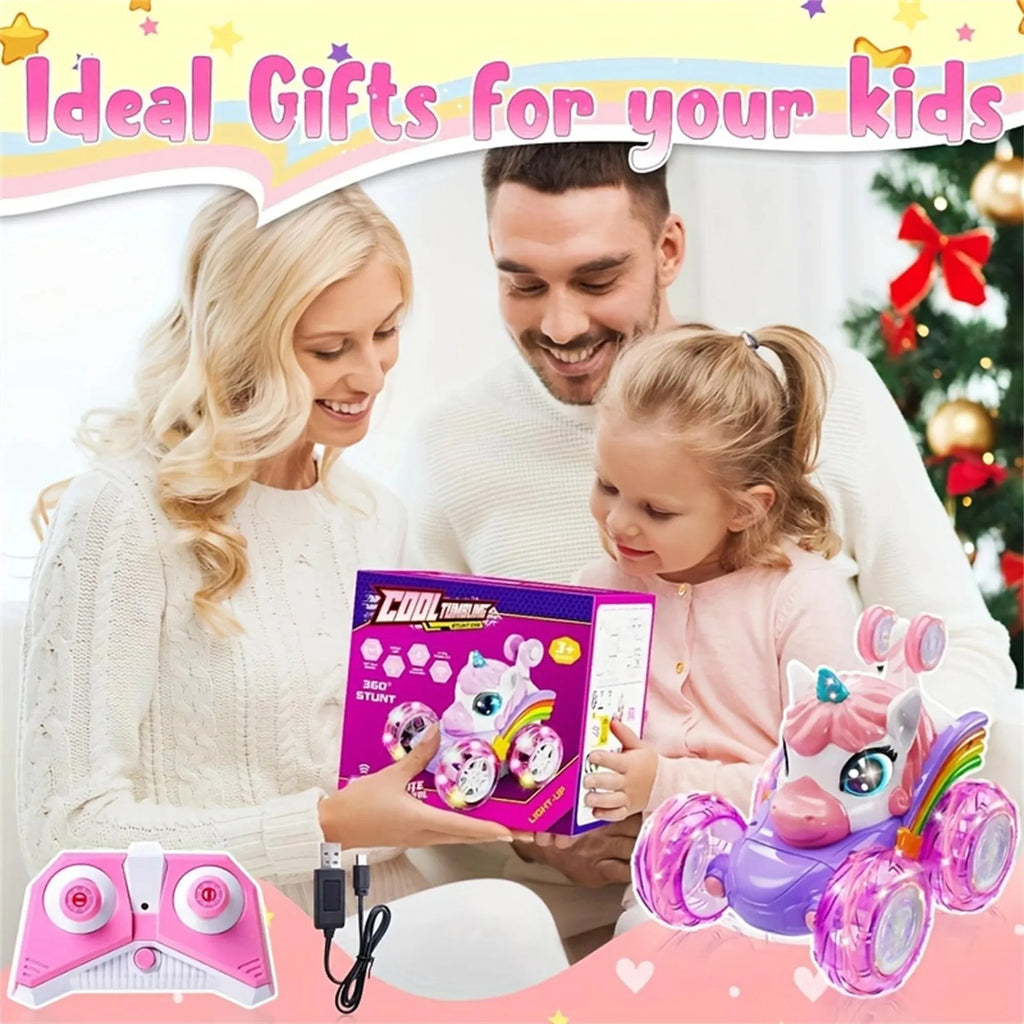 Coche teledirigido unicornio para niñas, 360 °   Coches RC acrobáticos giratorios 4WD con luces lindas, juguetes recargables para niños para regalos de cumpleaños