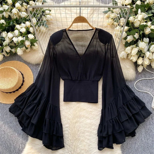 Camiseta de Verano para Mujer, Diseño Elegante, Chifón con Estampado de Lunares, Sexy, Cuello en V, Manga Larga con Volantes, Cintura Corta, Delgada, Protección Solar