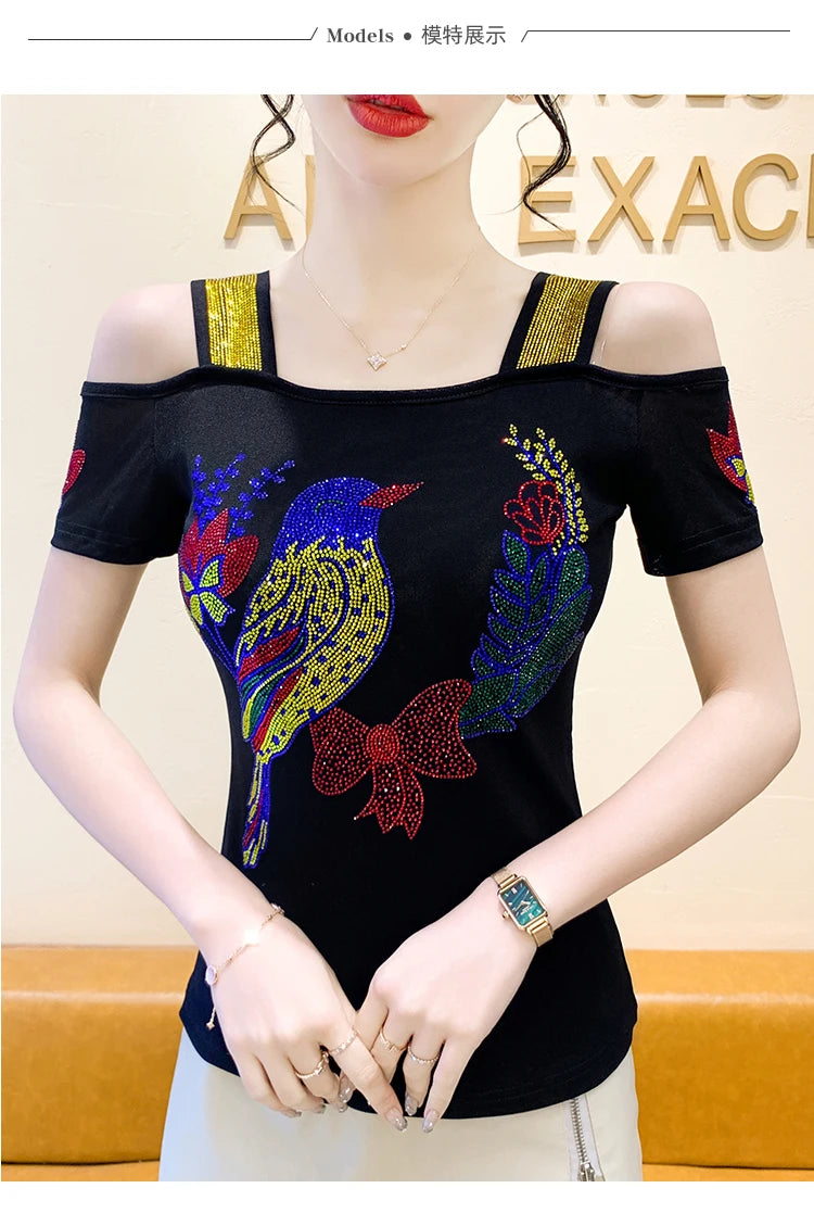 Ropa de calle europea, camiseta de marca para mujer, camisetas ajustadas de manga corta elegantes con diamantes brillantes para mujer