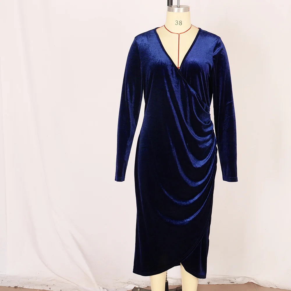 Vestido ajustado de terciopelo elegante para mujer, vestido Sexy envuelto con cuello en V, manga larga, fruncido, cintura alta, por debajo de la rodilla, Vestidos de fiesta y cóctel