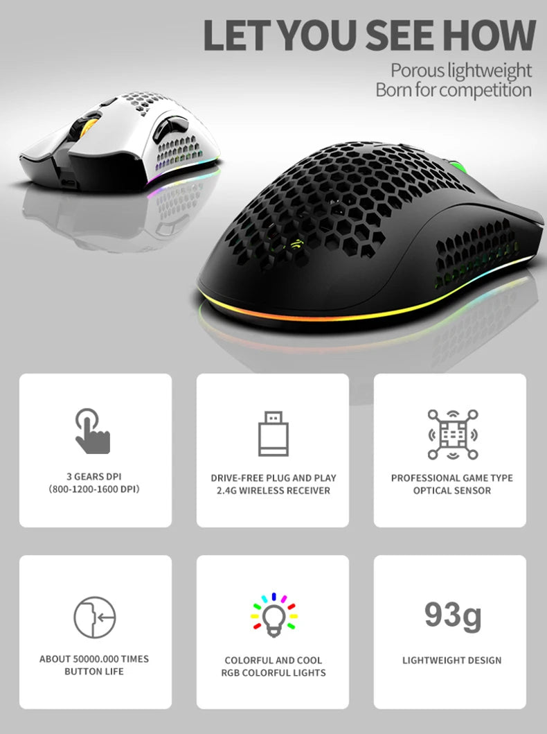 Ratón inalámbrico BM600 para juegos, periférico con luz RGB, recargable por USB, 2,4G, bonito
