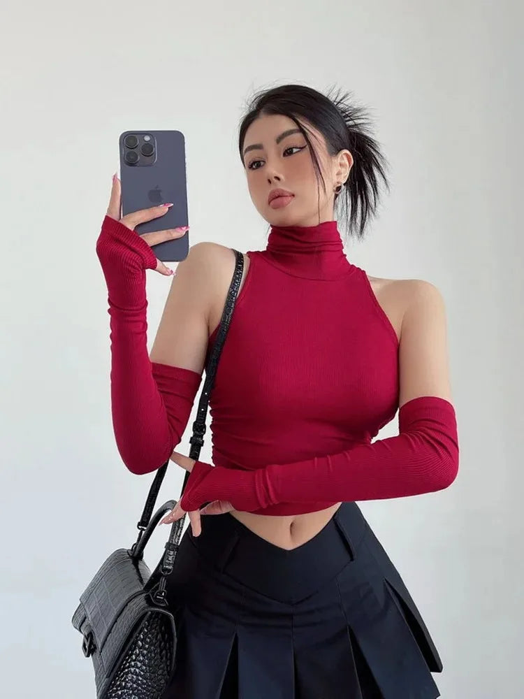 Top sin mangas Sexy para primavera y verano, Top corto plisado con mangas para chica picante y cuello alto, camiseta para mujer, ropa informal ajustada Y2k