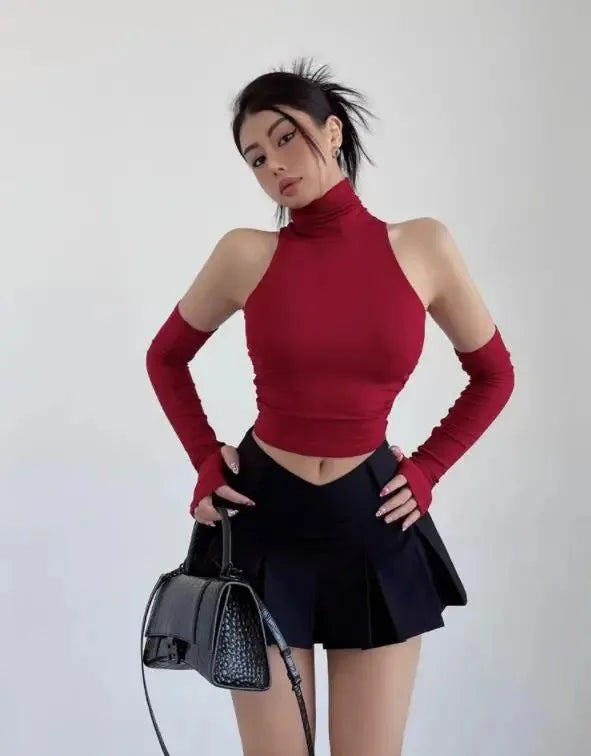 Top sin mangas Sexy para primavera y verano, Top corto plisado con mangas para chica picante y cuello alto, camiseta para mujer, ropa informal ajustada Y2k