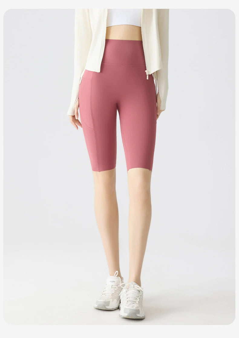 BIVIGAOS, pantalones cortos de verano con bolsillo para Yoga de piel de tiburón para bicicleta, pantalones cortos finos de cintura alta con realce, sensación desnuda, pantalones cortos deportivos para ciclismo y Fitness