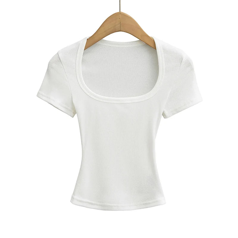 Top corto de alta elasticidad con cuello cuadrado para mujer, top sexy de manga corta, jersey ajustado, camisa básica de verano