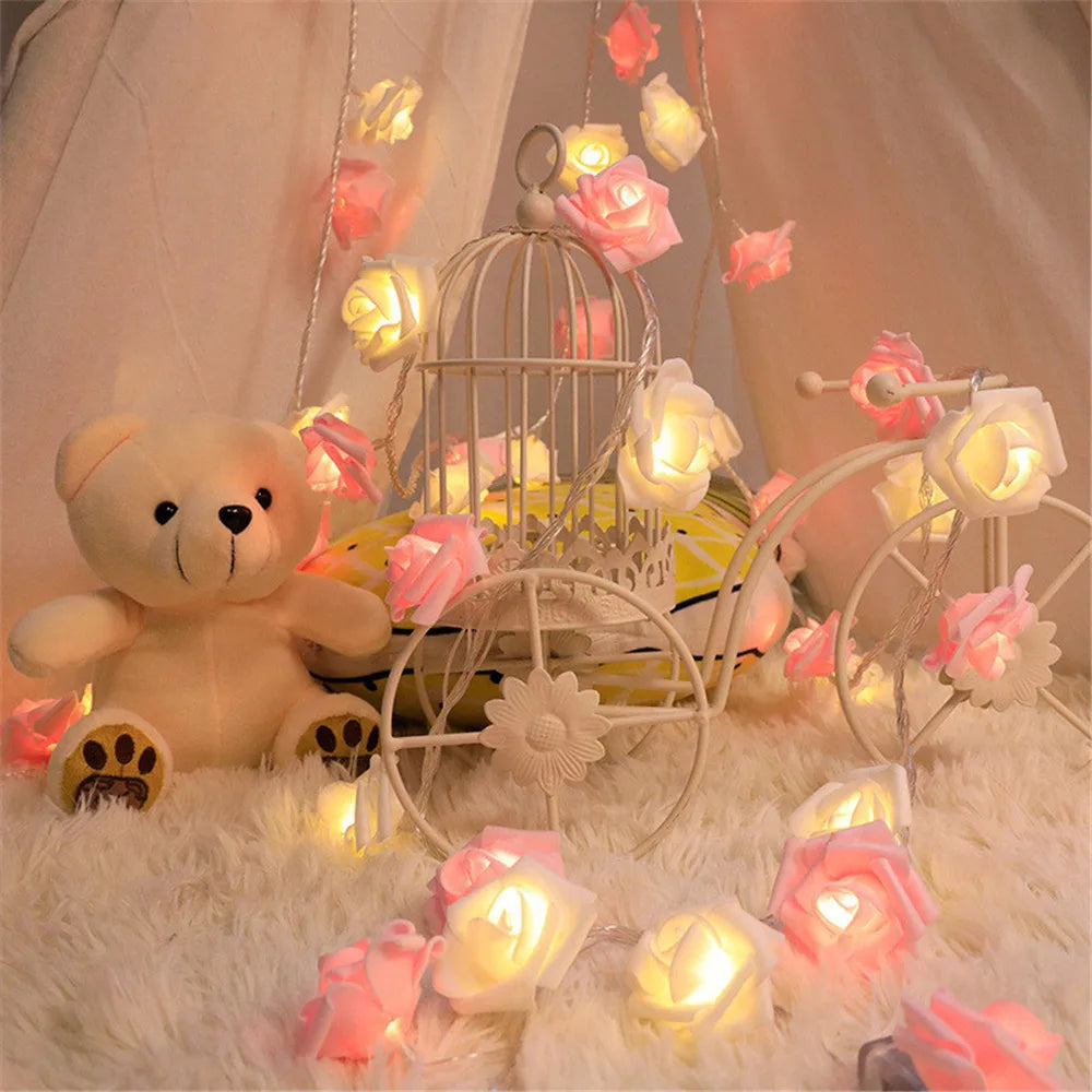 Guirnalda de Luces LED de 3m con 20 Rosas Artificiales, Funciona con Pilas, Decoración para Bodas, Habitaciones, Ramadán, Regalos para el Día de la Madre