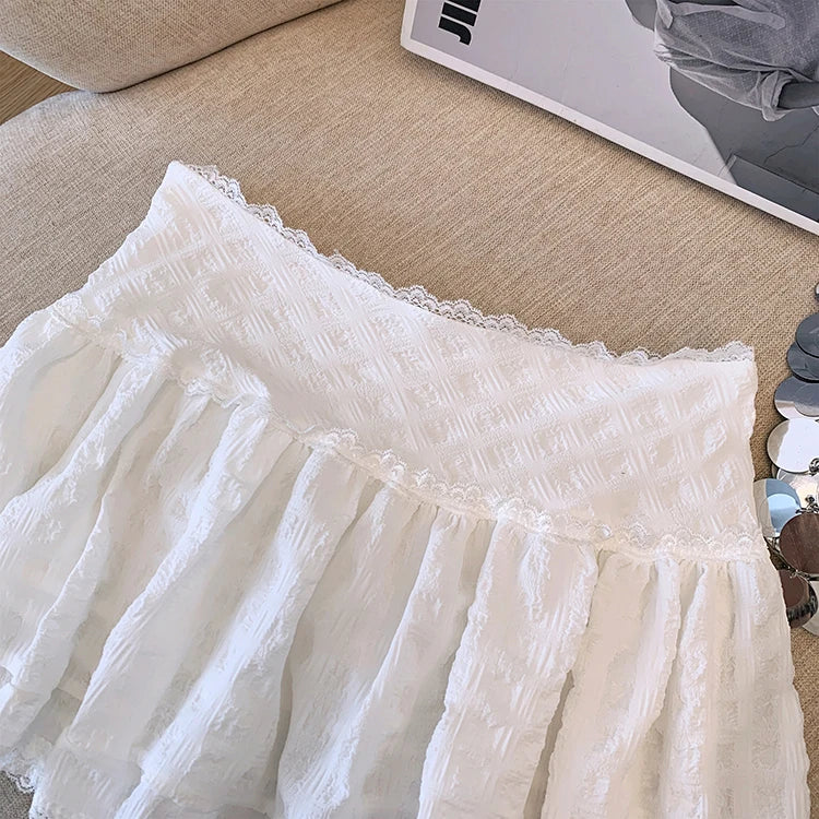 Balletcore Minifalda con volantes y ribete de encaje Falda blanca escalonada de tiro bajo Verano Mujer TeenGirl Y2K Traje gótico