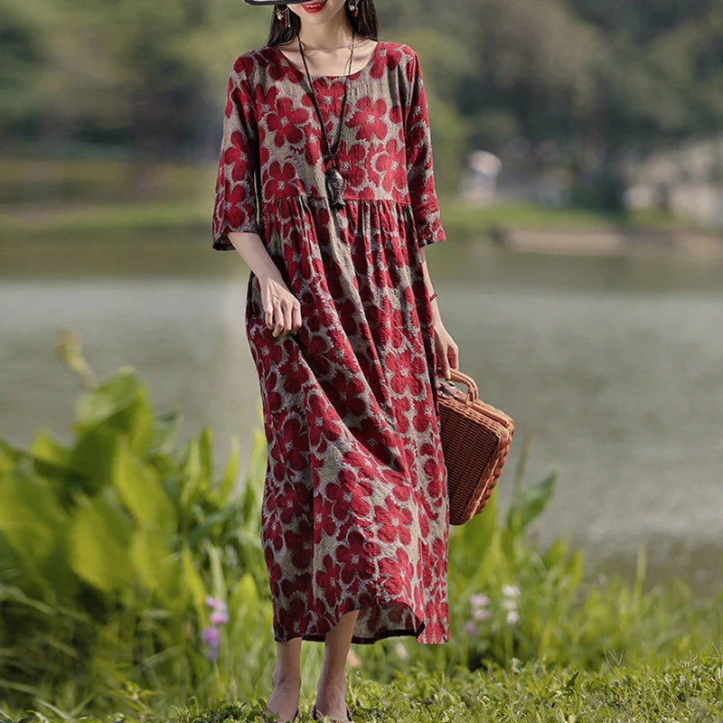 Vestido Floral Vintage mujer 2025 ZANZEA otoño Vestidos largos bohemios Casual manga larga Maxi Vestidos bata suelta Mujer de gran tamaño