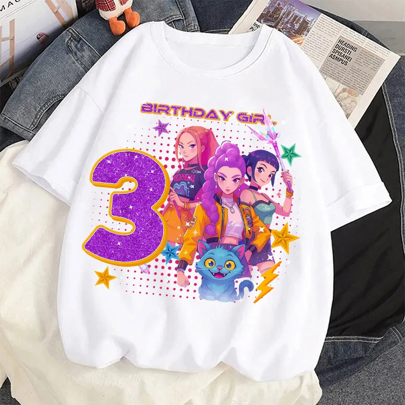 Nueva camiseta K Pop Demon Huntersd para niños, camisetas con estampado de números de cumpleaños de dibujos animados, camisetas de manga corta para niñas, ropa para niños