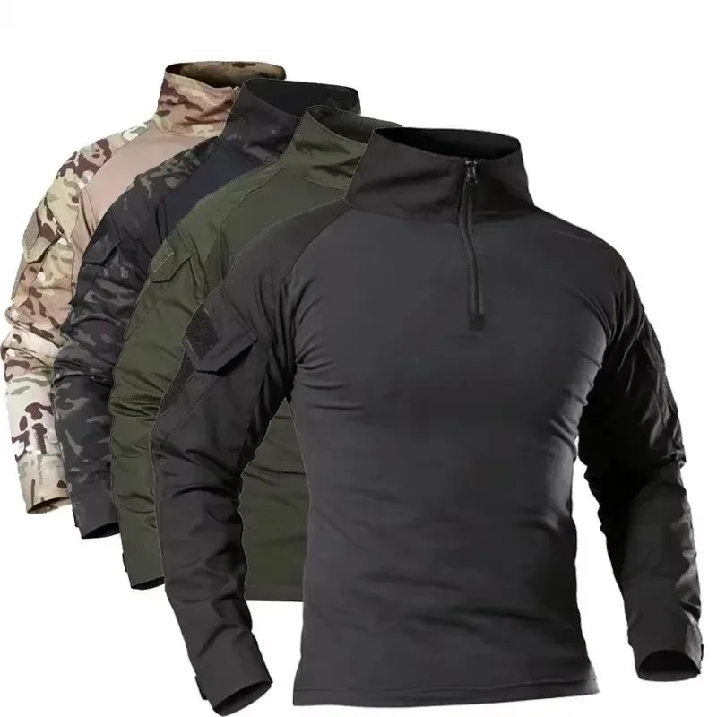 Camisas Tácticas de Manga Larga para Exteriores, Camisa de Combate con Cierre de 1/4, Algodón Ripstop Resistente al Desgaste, Camisetas de Camuflaje para Airsoft, Ropa Masculina