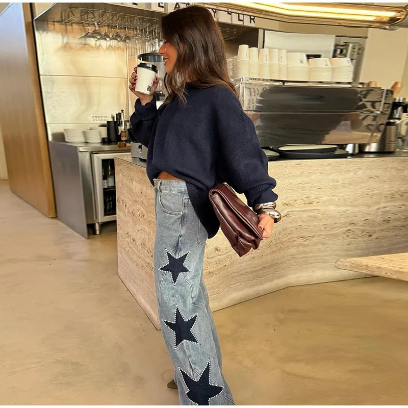 Pantalones vaqueros elegantes con decoración de perlas para mujer, pantalones de pierna ancha de cintura alta, ropa de calle nueva de moda, pantalones de lujo 2025