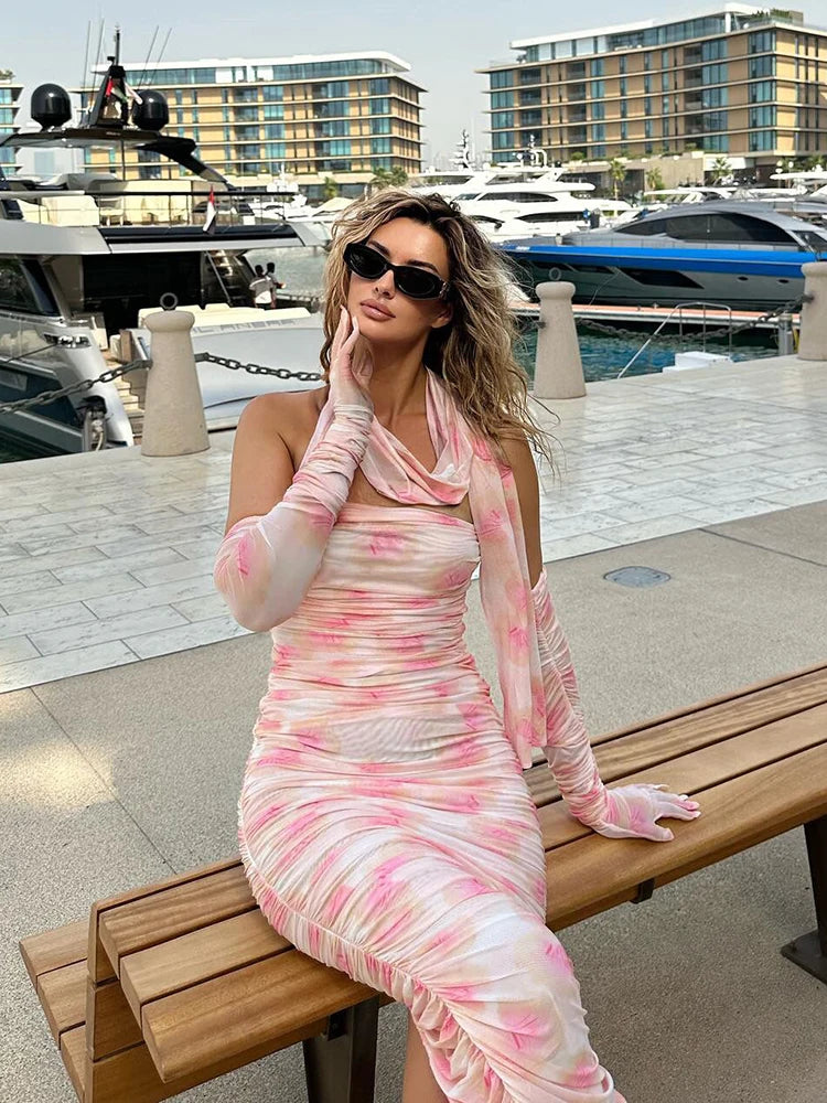 VC Vestido elegante para mujer, cinta drapeada con mangas largas, guantes, Vestido de fiesta, Vestido veraniego de malla para vacaciones