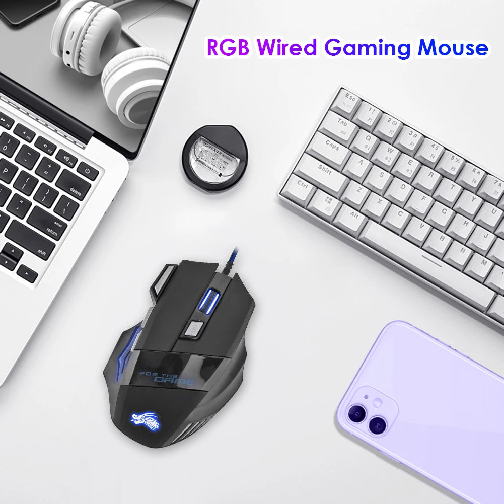Ratón óptico con cable para juegos, periférico ergonómico retroiluminado con 7 botones, 5500 DPI, ajustable, para PC, ordenador de escritorio