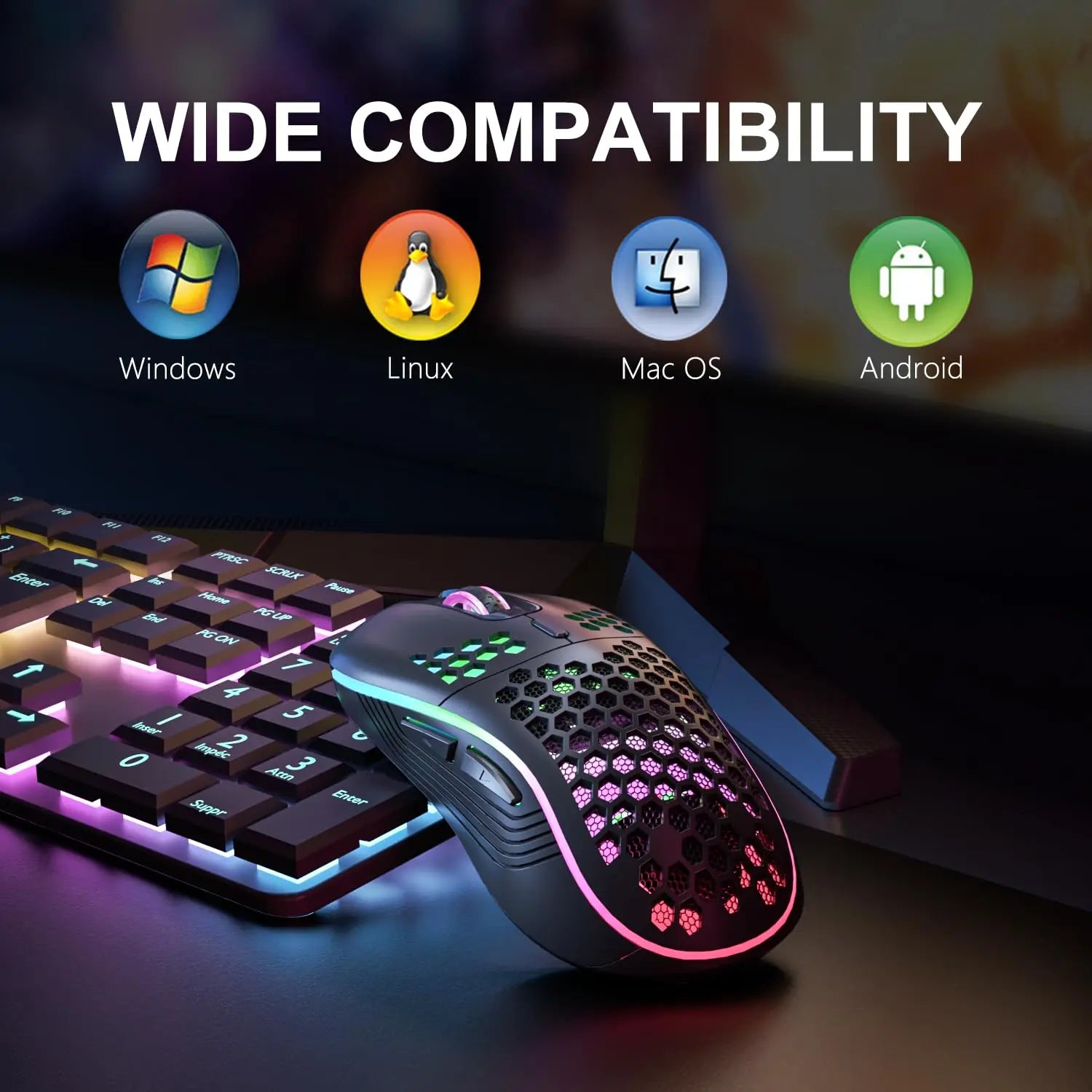 Ratón inalámbrico ligero con diseño de panal de abeja, Mouse recargable con retroiluminación RGB, receptor USB, DPI ajustable, 2,4G