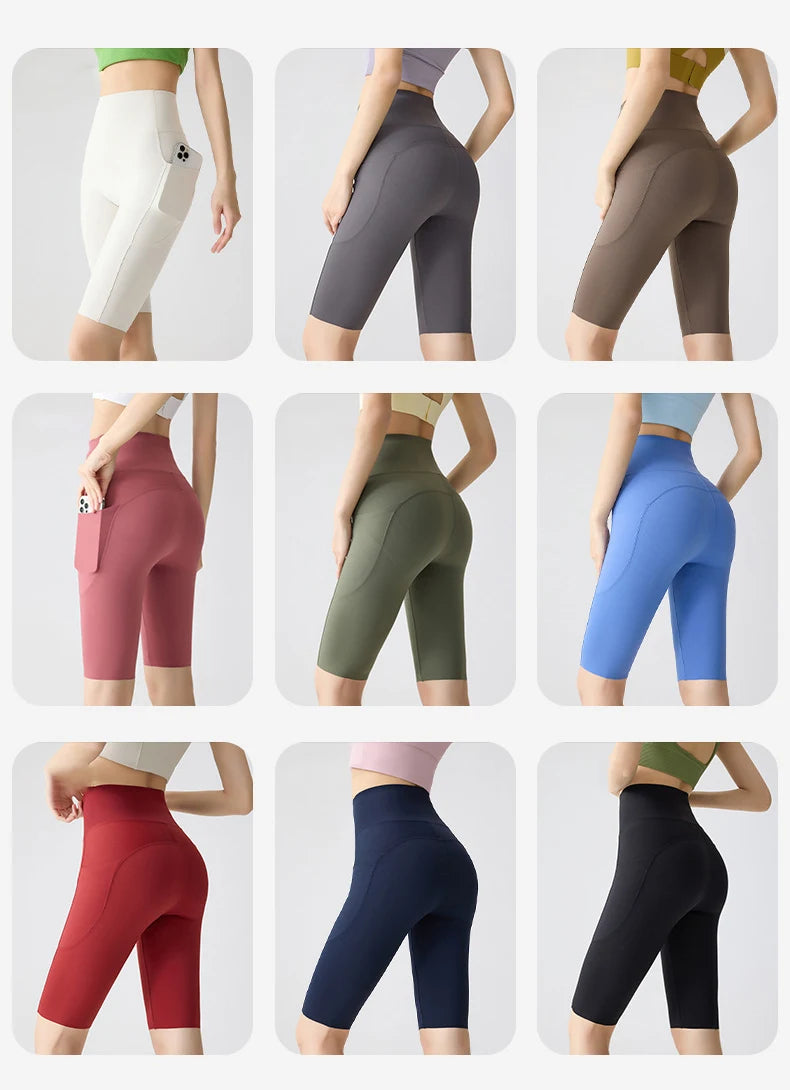 BIVIGAOS, pantalones cortos de verano con bolsillo para Yoga de piel de tiburón para bicicleta, pantalones cortos finos de cintura alta con realce, sensación desnuda, pantalones cortos deportivos para ciclismo y Fitness