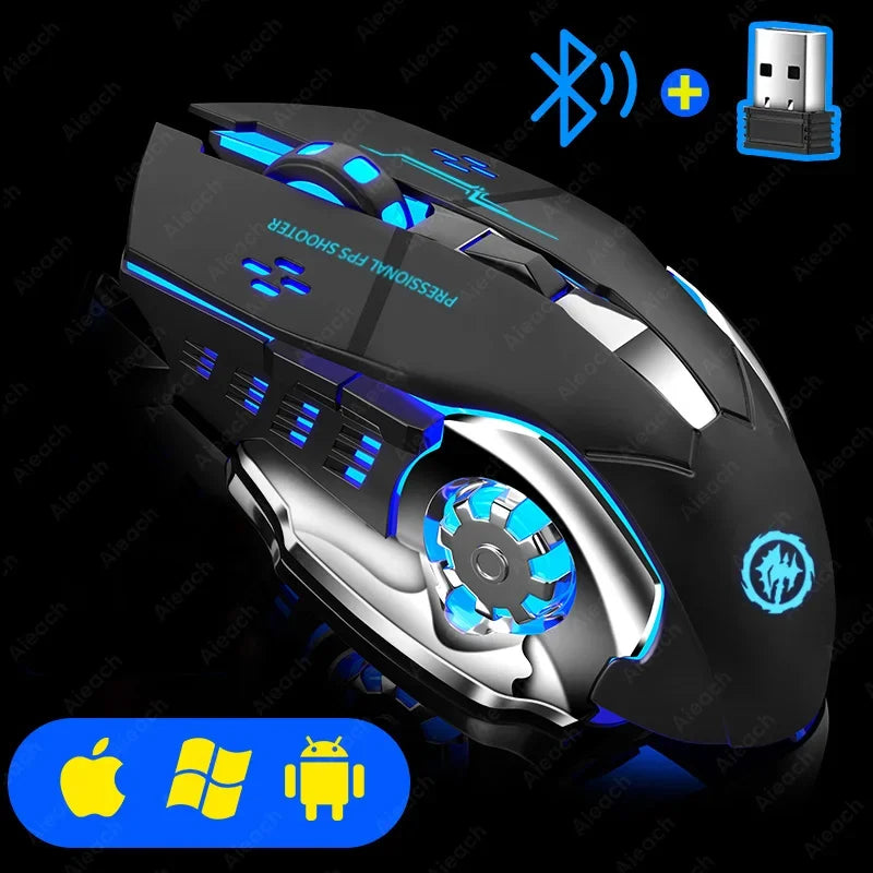 Ratón inalámbrico para juegos Bluetooth 2,4g USB recargable ergonómico diseño de retroiluminación mecánica para ordenador portátil PC Gamer