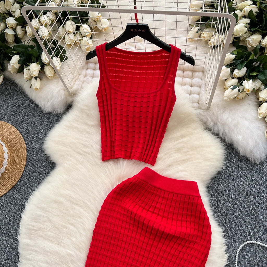 Conjunto de falda de moda de verano para mujer, camisetas sin mangas Sexy, cintura alta, Saya larga delgada, trajes de dos piezas, ropa de punto sólida