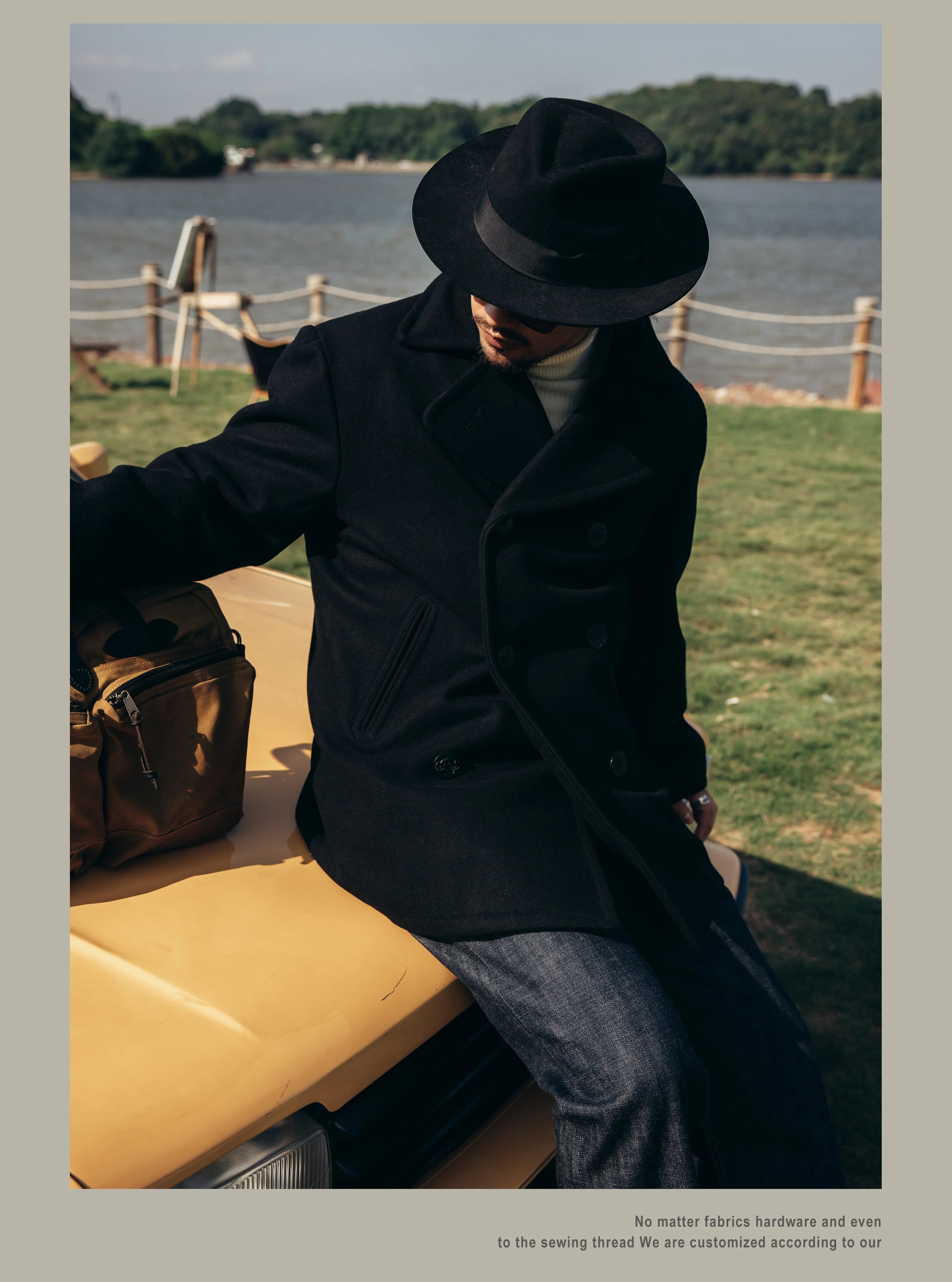Peacoat Red Tornado 740 en negro, abrigo vintage de mezcla de lana de longitud media con doble botonadura para hombre, chaqueta cálida de invierno