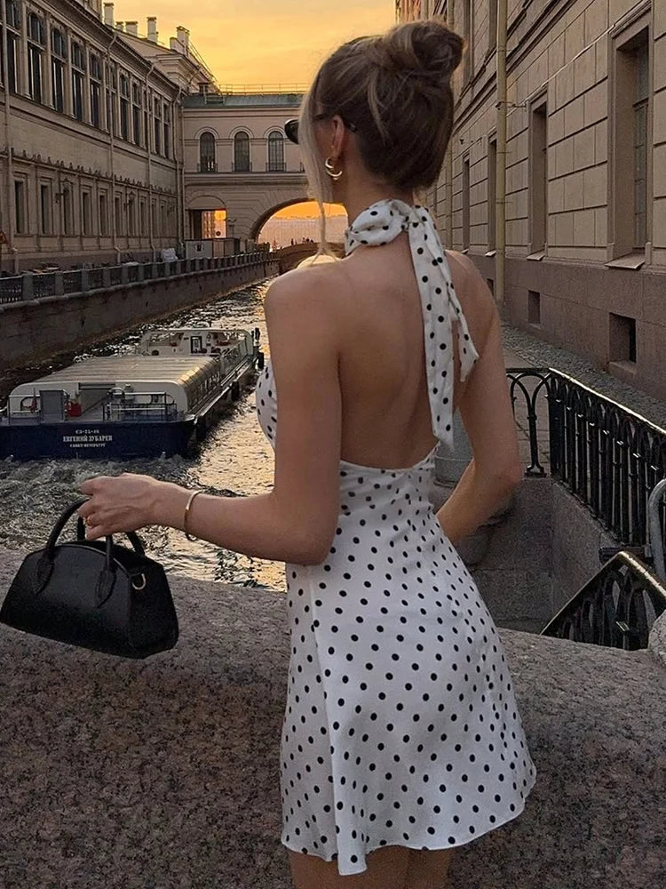 Elegante Vestido Mini de Puntos con Hombros Descubiertos para Mujer, Sin Mangas, Espalda Descubierta, Cintura Alta, Estilo Y2K, Moda de Verano, Vestido de Fiesta para Club