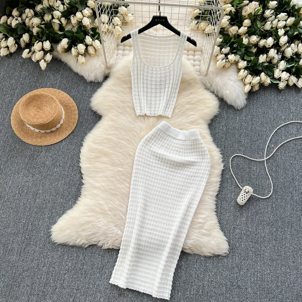 Conjunto de falda de moda de verano para mujer, camisetas sin mangas Sexy, cintura alta, Saya larga delgada, trajes de dos piezas, ropa de punto sólida