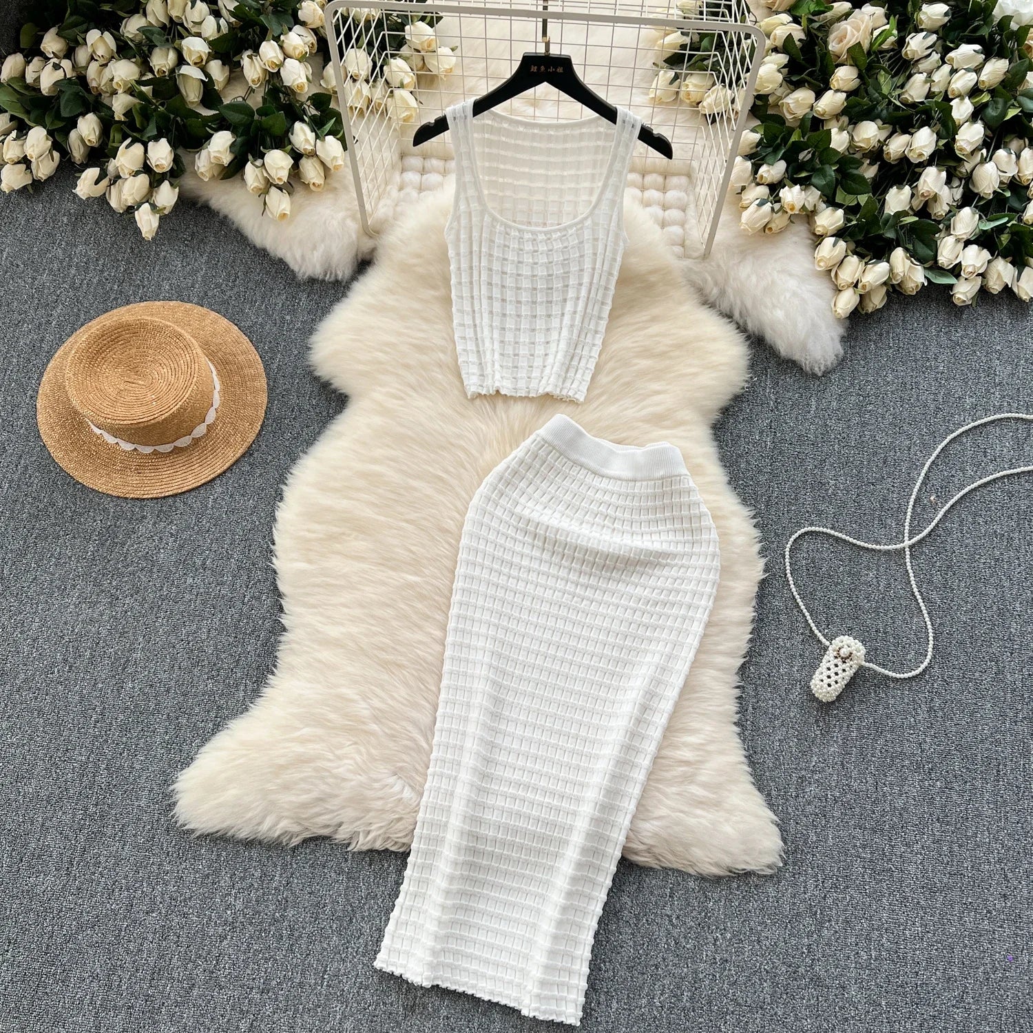 Conjunto de falda de moda de verano para mujer, camisetas sin mangas Sexy, cintura alta, Saya larga delgada, trajes de dos piezas, ropa de punto sólida