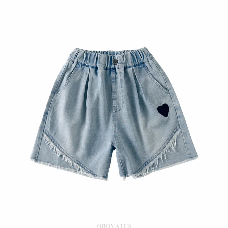 Pantalones cortos de verano a la moda para niñas, pantalones cortos vaqueros informales con corazón, pantalones vaqueros hasta la rodilla para niños de 5 6 7 8 9 10 11 12 13 14 años