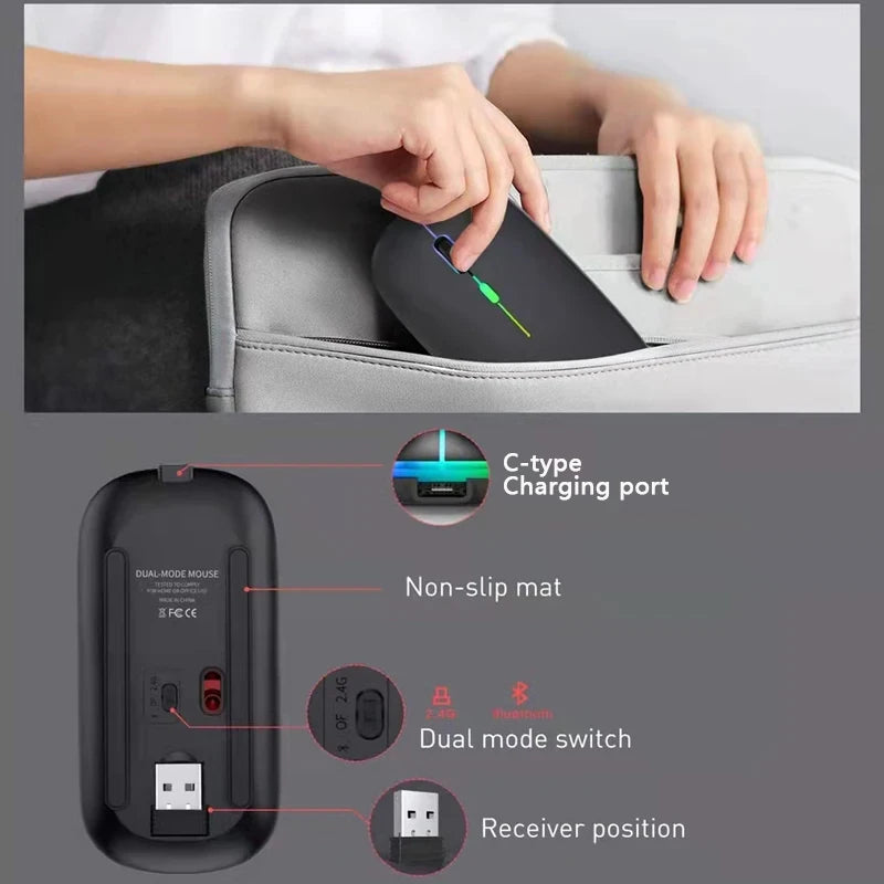 Ratón inalámbrico RGB recargable USB 2,4 GHz Bluetooth ratón inalámbrico ordenador Mause retroiluminado con LED ratón ergonómico para juegos para ordenadores portátiles