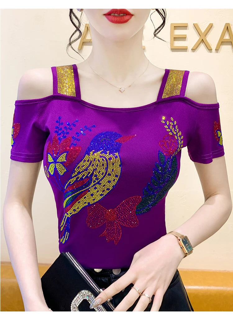 Ropa de calle europea, camiseta de marca para mujer, camisetas ajustadas de manga corta elegantes con diamantes brillantes para mujer