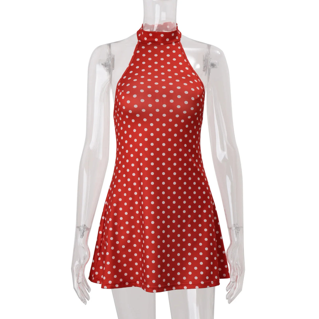 Elegante Vestido Mini de Puntos con Hombros Descubiertos para Mujer, Sin Mangas, Espalda Descubierta, Cintura Alta, Estilo Y2K, Moda de Verano, Vestido de Fiesta para Club