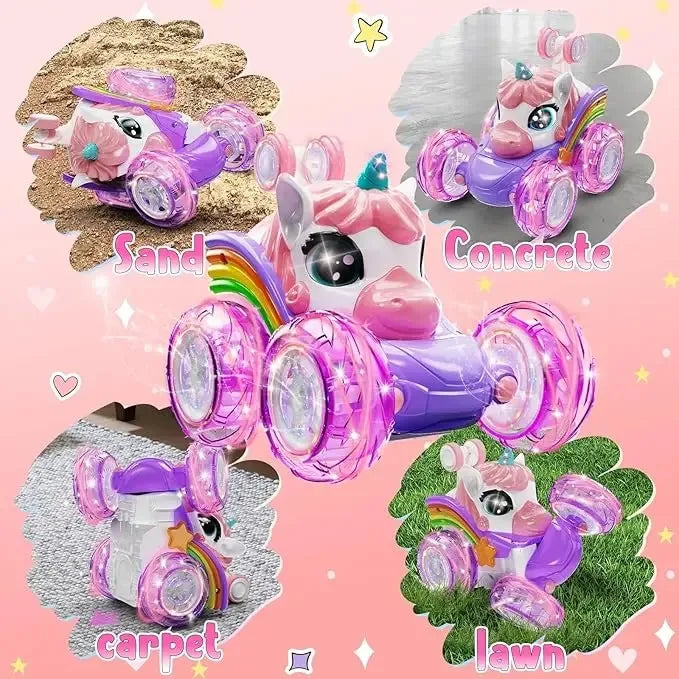 Coche teledirigido unicornio para niñas, 360 °   Coches RC acrobáticos giratorios 4WD con luces lindas, juguetes recargables para niños para regalos de cumpleaños
