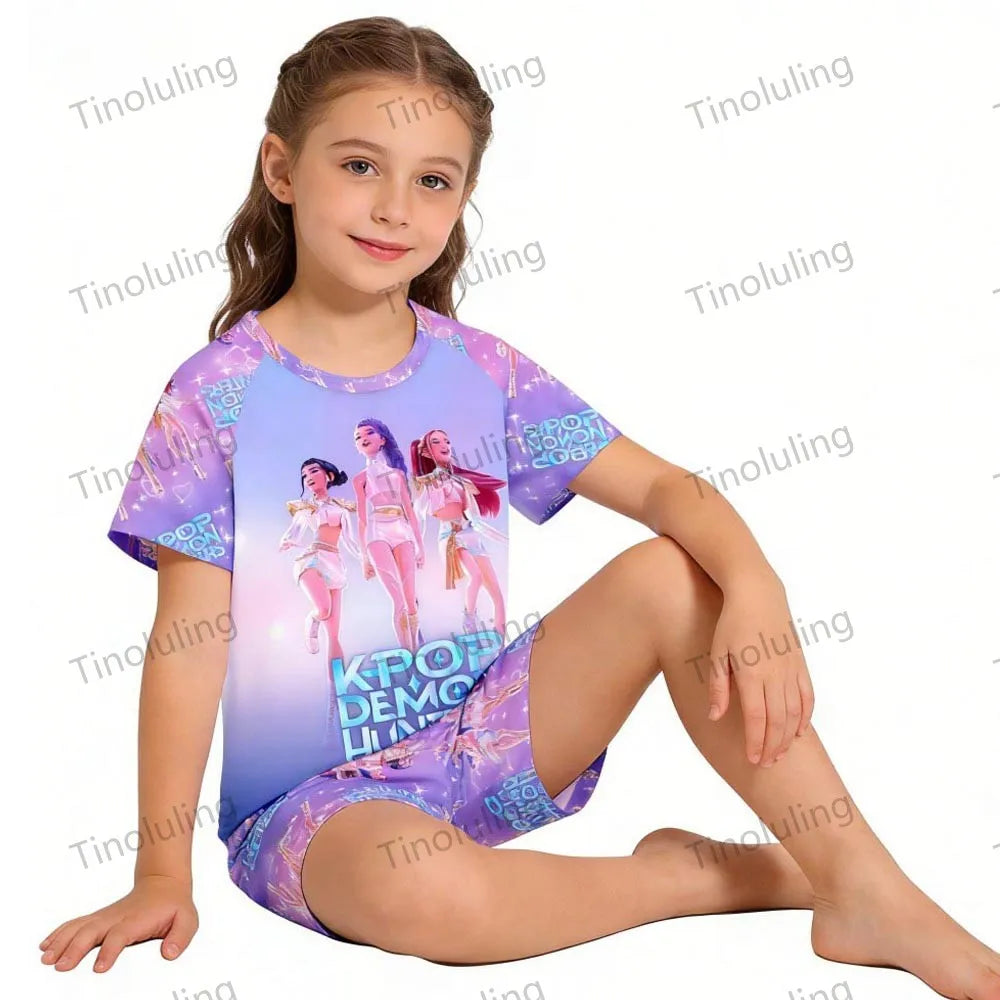 Conjuntos de pijamas para niñas, pijamas de verano para niños pequeños de 3 a 8, 10, 11 y 12 años, Kpop Demon Hunters, camisetas y pantalones cortos, conjunto de pijamas de dos piezas