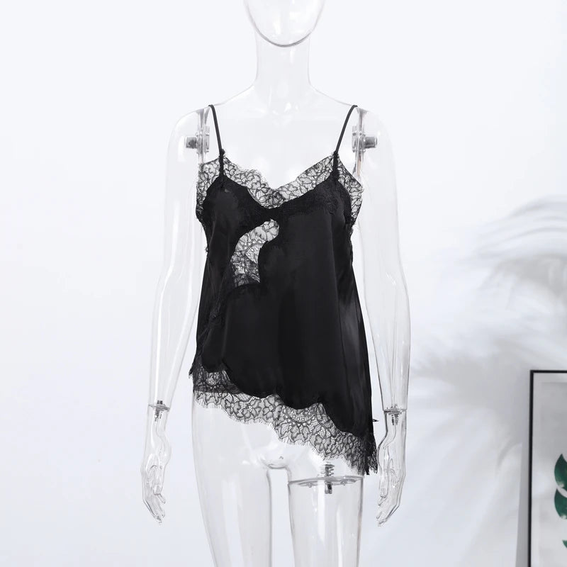 Verano mujeres Halter Top satén encaje empalmado tanque sin espalda cuello profundo Sexy chaleco dobladillo Irregular Vestidos 2025 señora vacaciones Sexy Tops