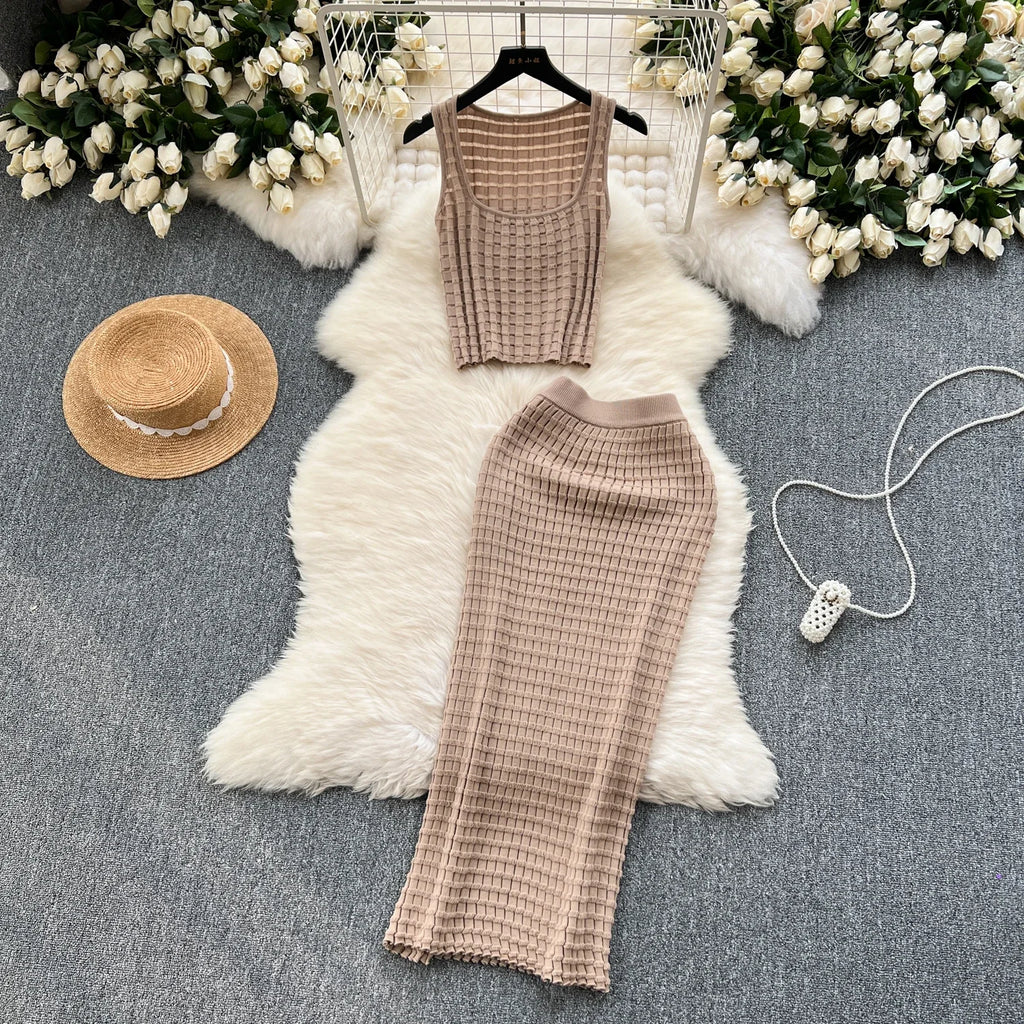 Conjunto de falda de moda de verano para mujer, camisetas sin mangas Sexy, cintura alta, Saya larga delgada, trajes de dos piezas, ropa de punto sólida