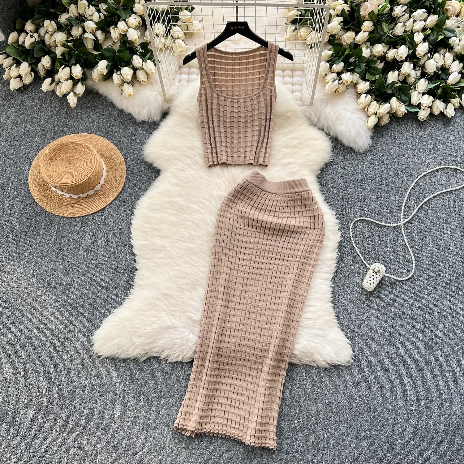 Conjunto de falda de moda de verano para mujer, camisetas sin mangas Sexy, cintura alta, Saya larga delgada, trajes de dos piezas, ropa de punto sólida