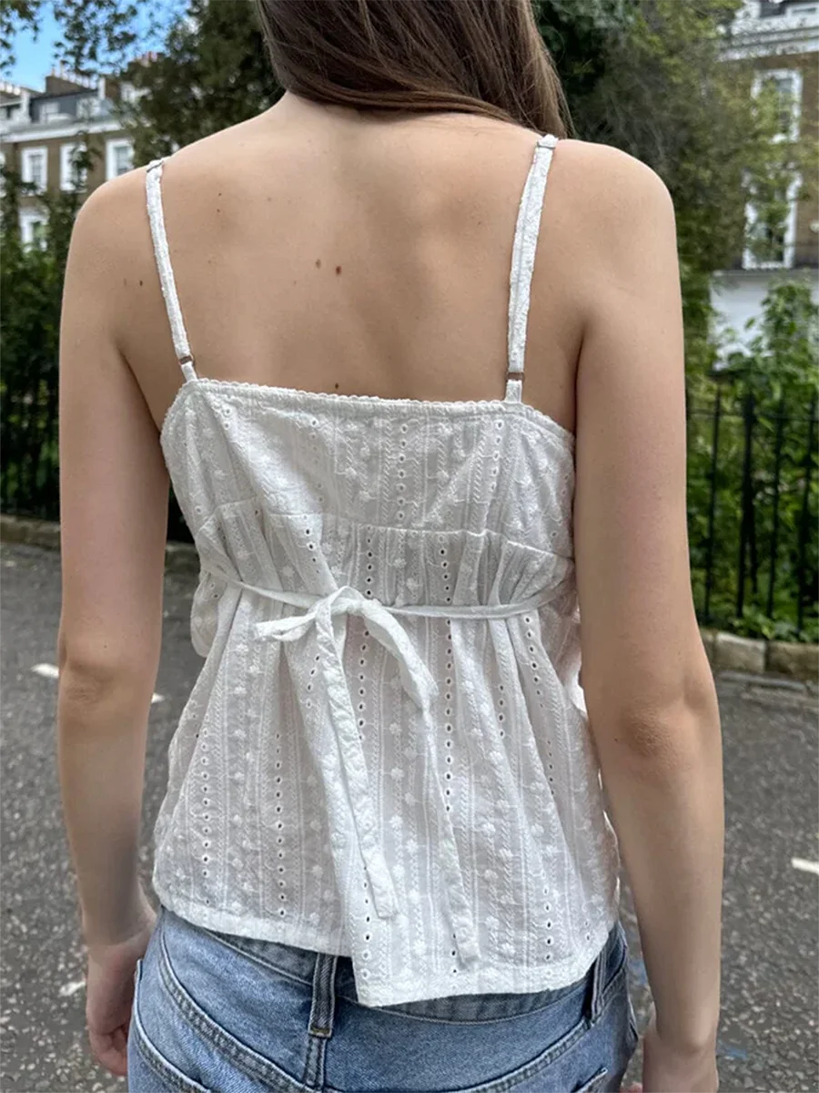 Camisola con ojales para mujer, camisetas sin mangas blancas de verano con espalda abierta y cuello en V, camisetas sin mangas informales