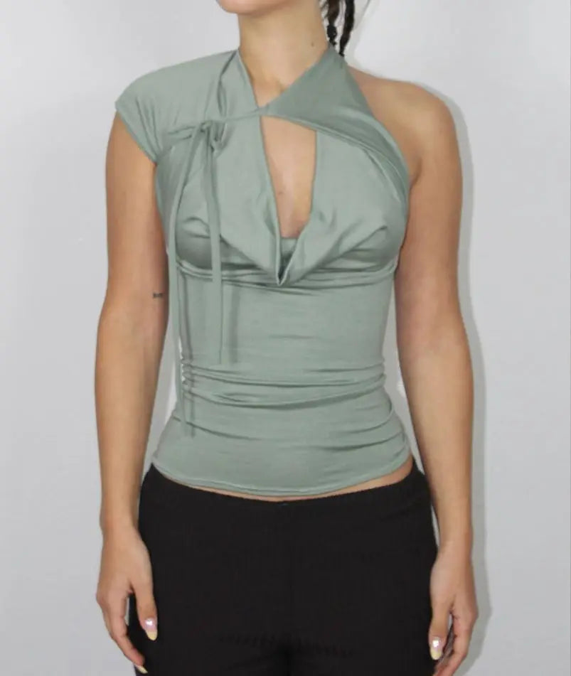 Camisetas sexis con cordones lisos para mujer, camisetas sin mangas con espalda descubierta y cuello Halter elegante, Top corto elástico Y2K para chica joven