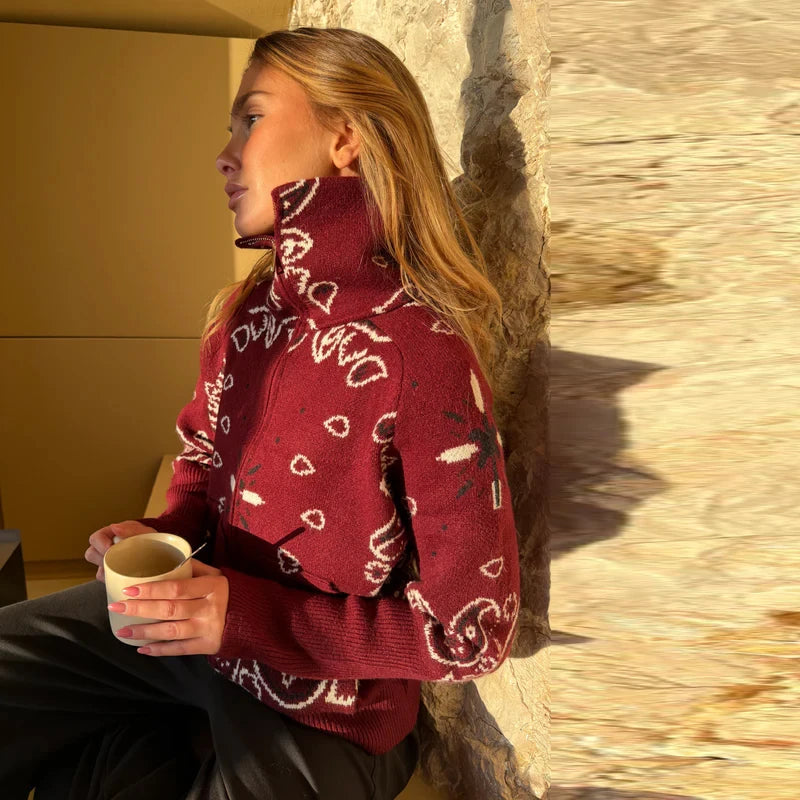 Cárdigan Vintage de punto Jacquard con cuello levantado para mujer, suéter holgado con bolsillos de manga larga y cremallera, prendas de punto suaves para primavera 2026
