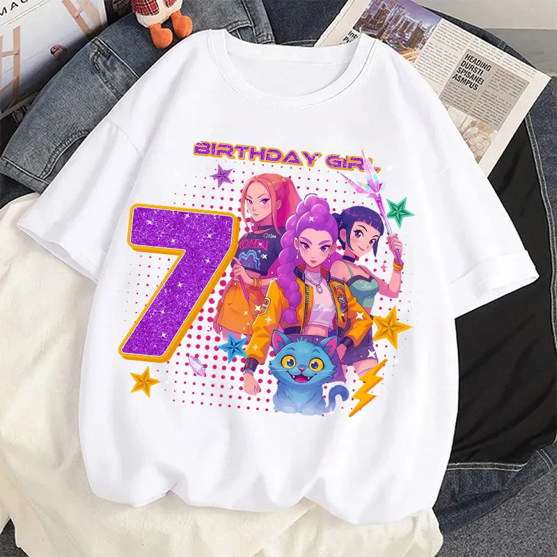 Nueva camiseta K Pop Demon Huntersd para niños, camisetas con estampado de números de cumpleaños de dibujos animados, camisetas de manga corta para niñas, ropa para niños