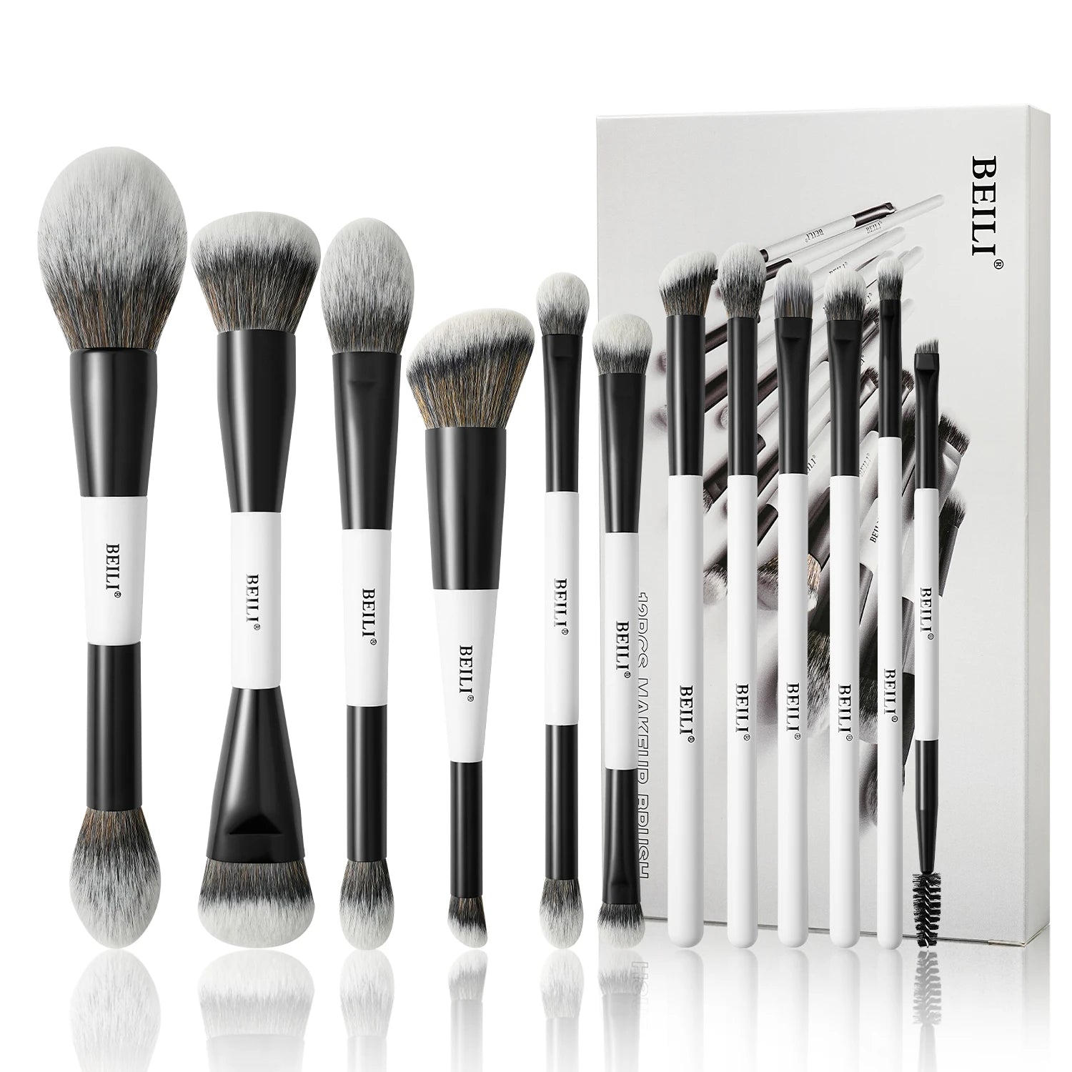 BEILI-Juego de brochas de maquillaje de doble punta, profesional, 12 Uds., contorno vegano, base en polvo, bronceador de cejas, Kit de cosméticos