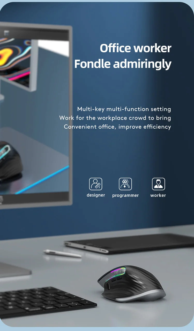 JOMAA-ratón inalámbrico para juegos de ordenador, Mouse negro de 2,4G con Bluetooth, RGB, recargable, diseño ergonómico, para oficina