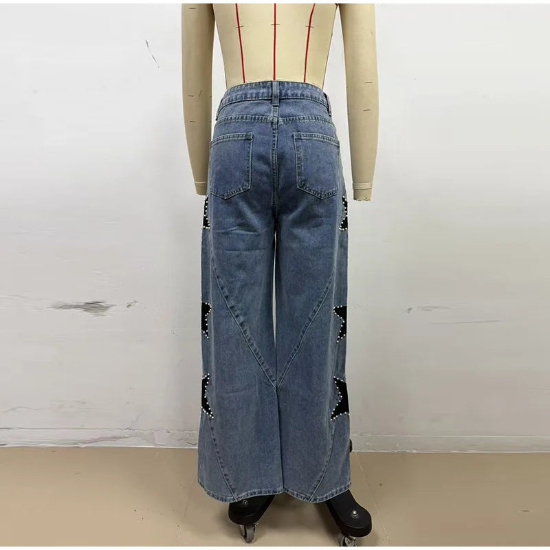 Pantalones vaqueros elegantes con decoración de perlas para mujer, pantalones de pierna ancha de cintura alta, ropa de calle nueva de moda, pantalones de lujo 2025