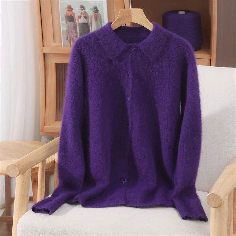 Otoño Invierno mujer 100% suéter de cachemira de visón puro con cuello Peter Pan y botones Preppy coreano Casual tejido de Color sólido