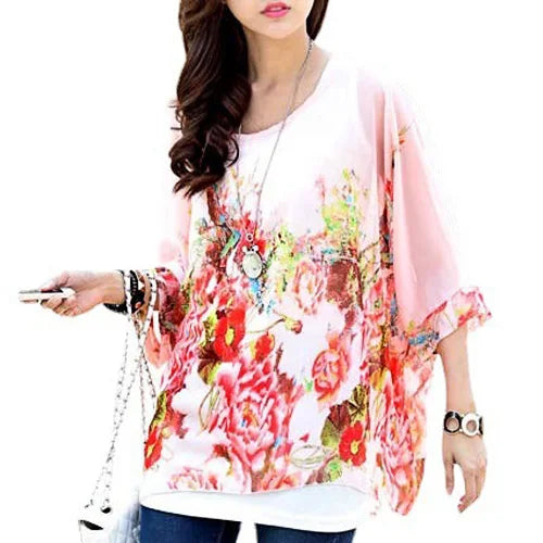 Novedad 2015 de mini vestidos casuales de gasa con estampado de flores para señoras, vestidos estilo bohemio con manga de murciélago en tallas grandes 4XL 5XL 6XL